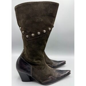 Janet and Janet Italy Pointed Toe Studded Suede Cowboy Boots 38-7 US Brown Zip